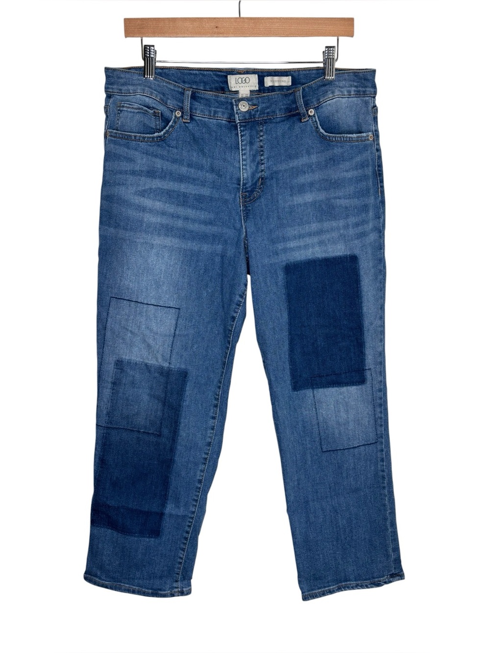 LOGO Lori Goldstein jeans boyfriend stitched patchwork dyed square 14 petite